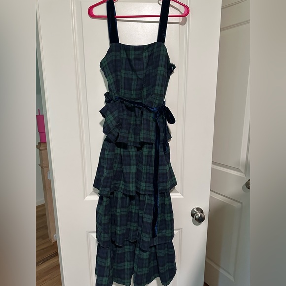 NWOT TCEC Black Watch Tartan Ruffle Flannel & Velvet Midi Dress Size M - Picture 3 of 3